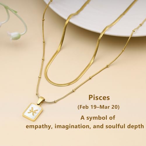 LETFLY Layered Zodiac Necklace for Women 18K Gold Natural Shell Pendant | Birthday Gifts for Women, Daily Wear, Hypoallergenic Material, Personalized Constellation Pendant, Adjustable, Snake Chain - style: Pisces