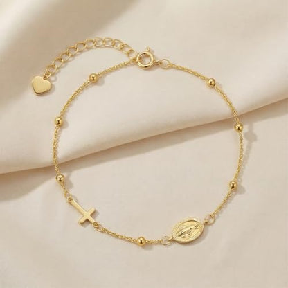 Gold Bracelets for Women 14K Gold Bracelets for Women Beaded Bracelet for Womens Polished Beads Delicate Cross and Petite Virgin Mary Charm Gold Cross Bracelet for Womens