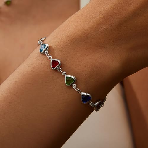 Silver Plated Colorful Heart Charm Bracelet For Women Adjustable Chain Bracelet Multi-Color Cubic Hearts Bracelets Trendy Charm Jewelry For Friend Valentine’S Day Birthday Festival Gifts