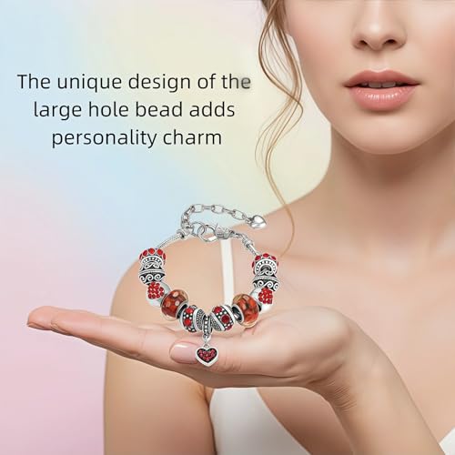 Pink Hearts Silver Plated Charm Bracelet, DIY Jewelry for Women with Beads, Charms, and Adjustable Snake Chain, Fits 7.5"+1.5" - color: Red, size: 19cm