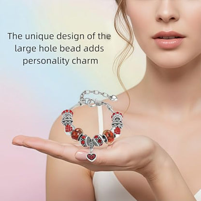 Pink Hearts Silver Plated Charm Bracelet, DIY Jewelry for Women with Beads, Charms, and Adjustable Snake Chain, Fits 7.5"+1.5" - color: Red, size: 19cm