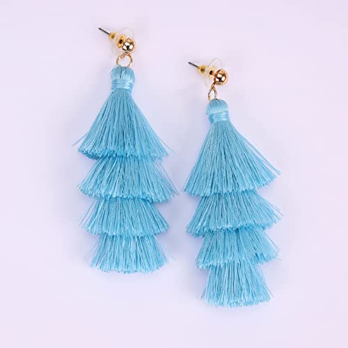 BaubleStar Bohemian Layered Tassel Drop Earrings for Women | Lightweight Statement Party Festival Jewelry - color: Sky Blue