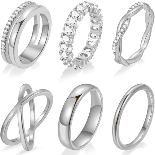 Gold Stackable Rings Set for Women, 14k Gold Plated Stacking CZ Thumb Rings Non Tarnish, Dainty Gold Knuckle Chunky Rings for Gift Size 5/6/7/8/9/10 - color: Silver