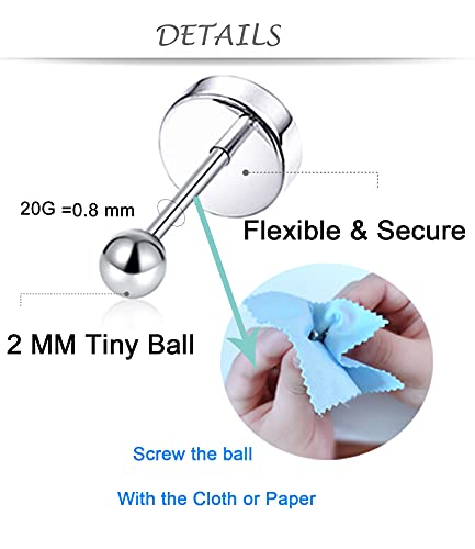 Tornito 10 Pairs Tiny Cartilage Stud Earrings Stainless Steel Small Round CZ Ball Barbell Stud Earrings Tragus Piercing Earring Set for Men Women Screw Flat Back 20G - style: B:10 Pairs,Ball