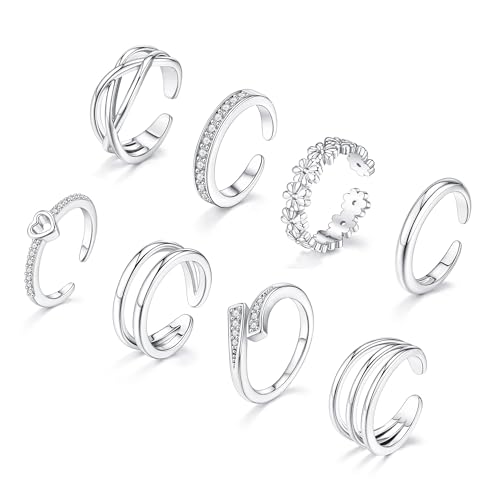 SAMOCO 8 Pcs Toe Rings for Women | Golden Silver Toe Ring Non Tarnish,Simple Open Adjustable Band Toe Rings Set,Beach Foot Toe Ring for Summer - color: Silver