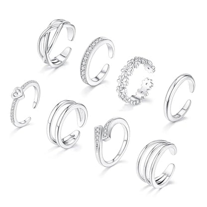 SAMOCO 8 Pcs Toe Rings for Women | Golden Silver Toe Ring Non Tarnish,Simple Open Adjustable Band Toe Rings Set,Beach Foot Toe Ring for Summer - color: Silver