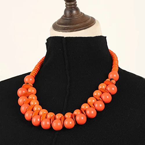 COLORFUL BLING Ethnic Large Chunky Wooden Beaded Necklaces Boho African Statement Necklace Handmade Tribal Collar Choker Bib Jewelry - color: joint orange