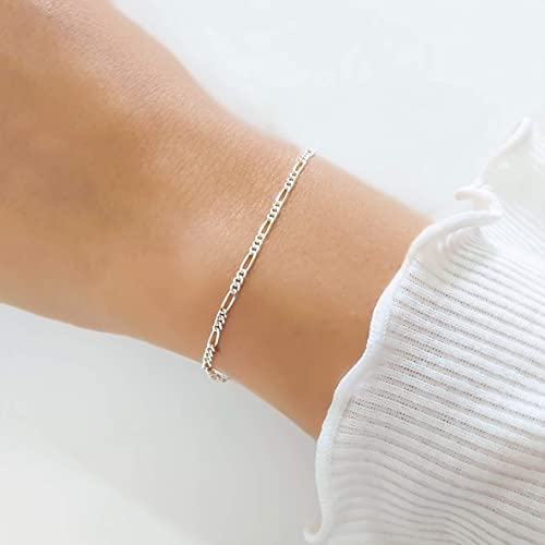 Stacking Bracelet Silver, Minimalist Simple Gourmet Satellite Rectangles Lace Heart Chain Bracelets, 925 Sterling Arm Jewelry for Women, Length 6.5-7.5 Inches - style: Figaro Chain