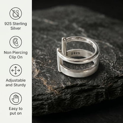 925 Sterling Silver Ear Cuff, Handmade Single Band Adjustable Non Piercing Clip On Cartilage Earring, Minimalist Ear Wrap Faux Piercing Jewelry for Women - style: Double Band