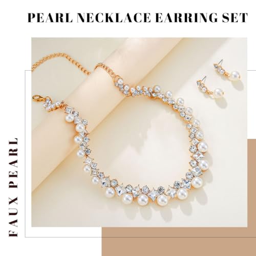 Gangel Rhinestone Necklace Earring Set Faux Pearl Necklace and Dangle Earrings Wedding Bridal Jewelry Crystal Necklaces for Women