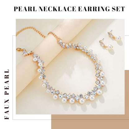 Gangel Rhinestone Necklace Earring Set Faux Pearl Necklace and Dangle Earrings Wedding Bridal Jewelry Crystal Necklaces for Women