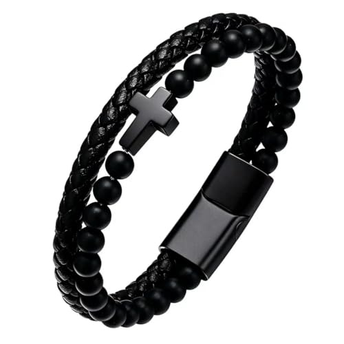 Italian Handmade Leather Bracelets for Men - color: Black Cross, size: 8.2"