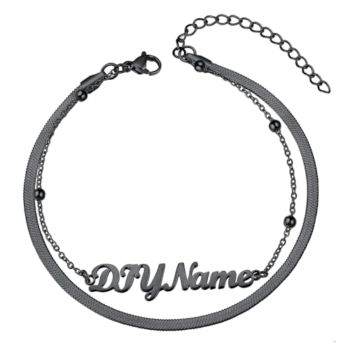 ChainsHouse Double Layer Anklet Bracelet for Women,Adjustable Chain Anklets Stackable Dainty Anklets,Stainless Steel/Gold Plated/Black Ankle Jewelry Gifts - color: C-Black-Snake Chain