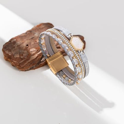 FANCY SHINY Crystal Beaded Leather Wrap Bracelet Stackable Boho Jewelry for Women Resin Stone Bangle Cuff with Magnetic Clasp - color: Silver