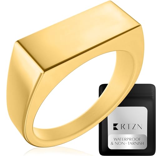 RTZN® Signet Rings for Men — Premium Mens Stainless Steel Rings — 100% Waterproof & Non Tarnish Plain Statement Mens Signet & Cuban Link Ring Gold/Silver Pinky Ring for Men (SIZE: 6-12) - color: Gold, size: 7, style: Rectangle Signet