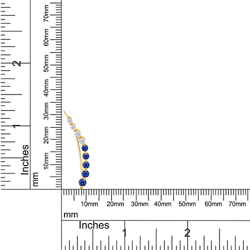 Floating Curved Bar One Piece Left Ear Crawler Earrings With Birthstone | White CZ In 14K Yellow Gold Over Sterling Silver - color: Simulated Blue Sapphire
