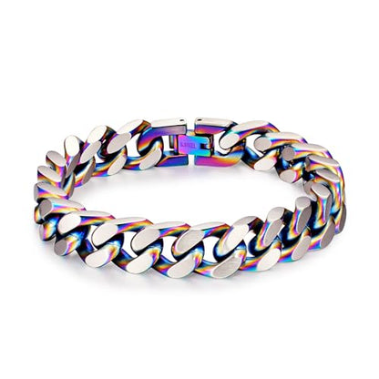 Mens Bracelet-Stainless Steel Fold Over Clasp Cuban Chain-Bracelets for Men - color: E-Colors