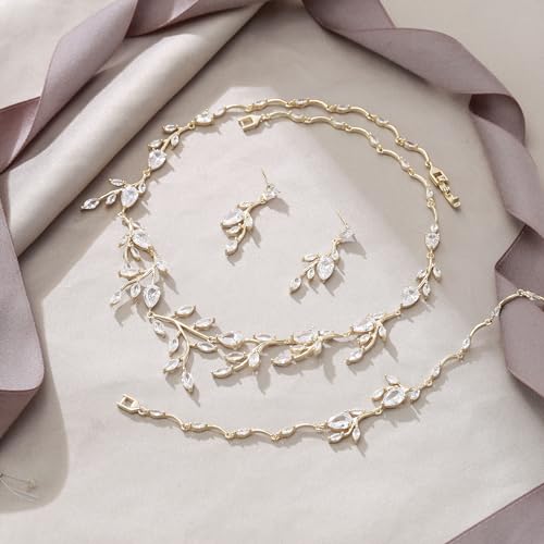 Cubic Zirconia Leaf Vine Wedding Jewelry Set for Bride Women Bridesmaid | Pear-Shaped Birthstone, Necklace Dangle Earrings for Bridesmaid, Silver-Plated-Brass - color: 3pcs_Clear Gold-Plated-Brass