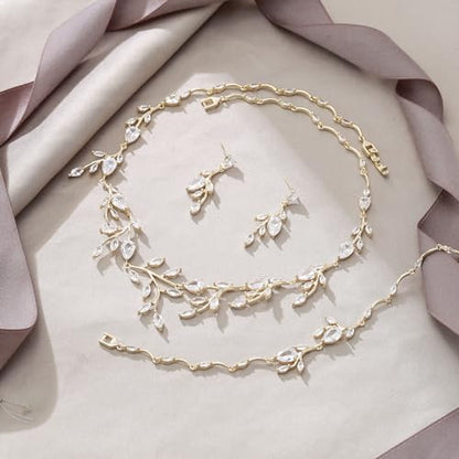 Cubic Zirconia Leaf Vine Wedding Jewelry Set for Bride Women Bridesmaid | Pear-Shaped Birthstone, Necklace Dangle Earrings for Bridesmaid, Silver-Plated-Brass - color: 3pcs_Clear Gold-Plated-Brass