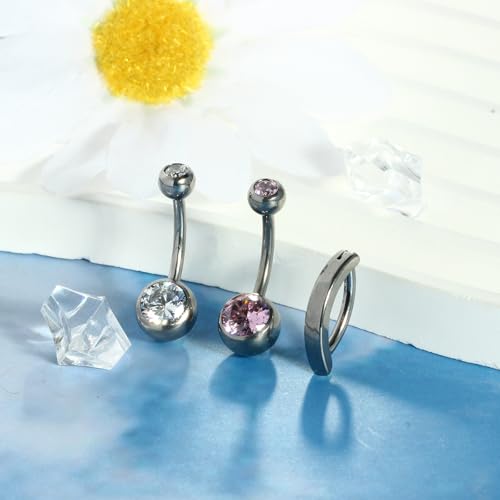TIANCI FBYJS 3pcs G23 Titanium Pink Belly Button Rings Internally Threaded 10mm Clicker Reverse Curved Hoop Navel Barbell Piercing Jewelry CZ Belly Rings for Women Men - color: silver