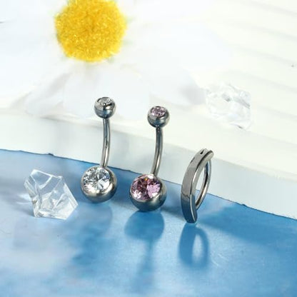 TIANCI FBYJS 3pcs G23 Titanium Pink Belly Button Rings Internally Threaded 10mm Clicker Reverse Curved Hoop Navel Barbell Piercing Jewelry CZ Belly Rings for Women Men - color: silver
