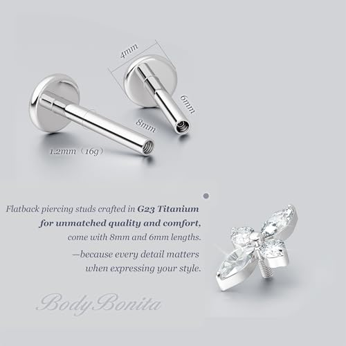 G23 Titanium 16G Tragus Conch Piercing Jewelry Flat Back Stud Earrings | Hypoallergenic CZ Nose Dangle Helix Medusa Lip Labret Body Piercing Jewelry, 14K Gold Plated, Silver, 6 and 8 mm Post Length - color: Floral Sparkle-Titanium