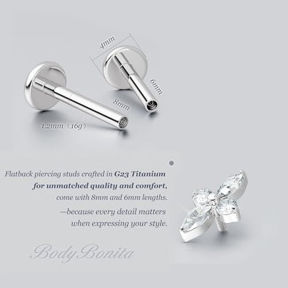 G23 Titanium 16G Tragus Conch Piercing Jewelry Flat Back Stud Earrings | Hypoallergenic CZ Nose Dangle Helix Medusa Lip Labret Body Piercing Jewelry, 14K Gold Plated, Silver, 6 and 8 mm Post Length - color: Floral Sparkle-Titanium