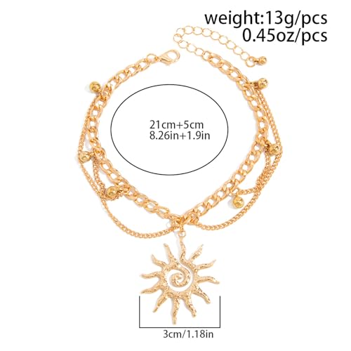 Gold Anklet for Women, Spiral Sun Charm Layered Boho Beach Ankle Bracelet Adjustable Double Chain Summer Beachy Ocean Jewelry Gift - color: Gold Sun