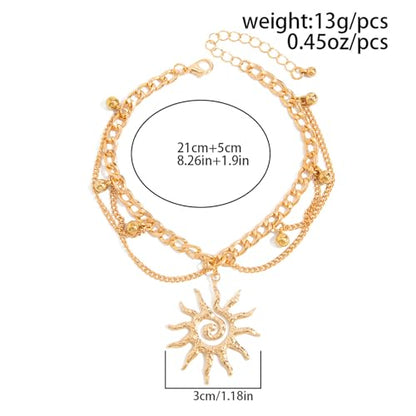 Gold Anklet for Women, Spiral Sun Charm Layered Boho Beach Ankle Bracelet Adjustable Double Chain Summer Beachy Ocean Jewelry Gift - color: Gold Sun