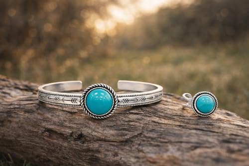 Isac Turquoise Cuff Bracelet and Ring Set, Silver-Tone, Boho Western Style, Arrow Engraved, Round Stone