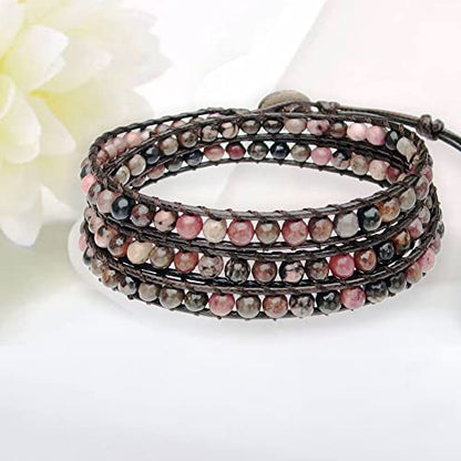 Genuine Stone Wrap Bracelets for Women Natural Crystal Beaded Wrap Bracelet 2/3/5 Adjustable Bohemian Bracelets Jewelry Gifts for Women Mom - color: rhodonite(3 wraps)