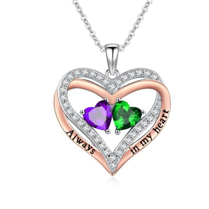Heart Birthstone Necklace for Women 14K Rose Gold/White Gold Filled Overlapping Double Hearts Pendant Anniversary Valentine's Day Birthday Mother's Day Christmas Gifts for Wife Mom Daughter Her - color: 02-05-Feb-May Birthstone-A, style: Double-Layered Lo