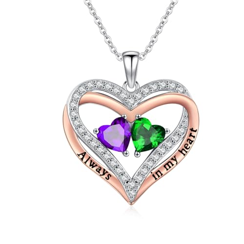 Heart Birthstone Necklace for Women 14K Rose Gold/White Gold Filled Overlapping Double Hearts Pendant Anniversary Valentine's Day Birthday Mother's Day Christmas Gifts for Wife Mom Daughter Her - color: 02-05-Feb-May Birthstone-A, style: Double-Layered Lo