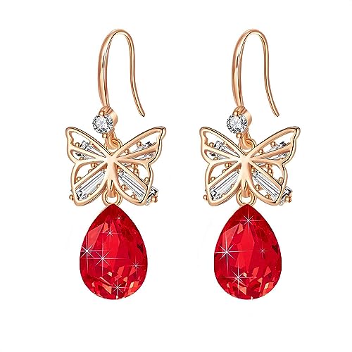 Austrian Crystal Teardrop Butterfly Drop Dangle Earrings for Women 14K Rose Gold Plated Hypoallergenic Jewelry - color: Red