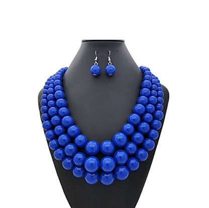 Simulated Pearl Necklace & Earring Set, Multi Strand - color: Royal Blue