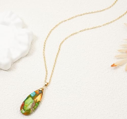 Stone Necklaces for Women Teardrop Gemstone Pendant Necklace Natural Stone Chain Necklaces - color: Colorful Gold