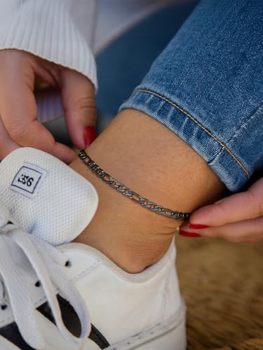 FindChic Stainless Steel Ankle Bracelets for Women, Waterproof Figaro/Cuban/Box/Beaded Chain Anklets, Summer Beach Foot Jewelry, 8.5''-10.5'' Adjustable Length, with Gift Box - style: A Figaro Chain-Black