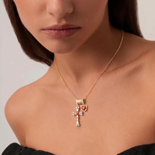 Cross Heart Necklace for Women, Elegant Red Gemstone Pendant Jewelry, Non Tarnish Hypoallergenic Necklace, Dainty Everyday Layering Chain for Her, Birthday Anniversary Graduation Gifts - color: Gold