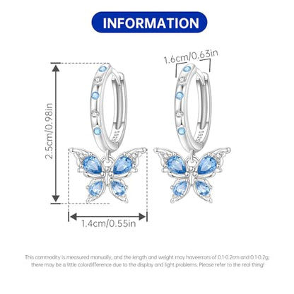 925 Sterling Silver Hoop Earrings Drop Dangle Earrings for Women Hypoallergenic Earring Trendy Huggie Earring Cute Graduation Birthday Gifts Jewelry for Women - color: Butterfly earrings blue gemstones