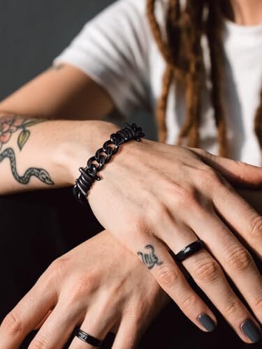 Bandmax Barbed Wire Chain Bracelets for Men Women Stainless Steel/Black/Gold Thorn Cuban Link Bracelet Adjustable Punk Emo Style Jewelry Gift - color: 11 12MM-Black Plated