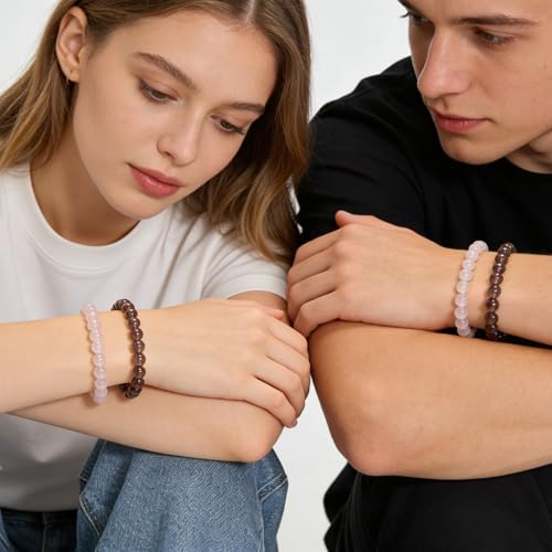 2PCS Agate Bracelet for Women Men Natural Round Beaded Agates Stone Healing Stretch Bracelets Elastic Handmade Polished Gemstone Beads Bracelet - color: Grey+White, size: 6mm Beads