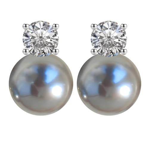 Faux Pearl Cubic Zirconia Stud Earrings, Hypoallergenic Lightweight Round Pearl Studs for Women - color: Blueish Silver, size: Pearl 10mm-CZ 6mm