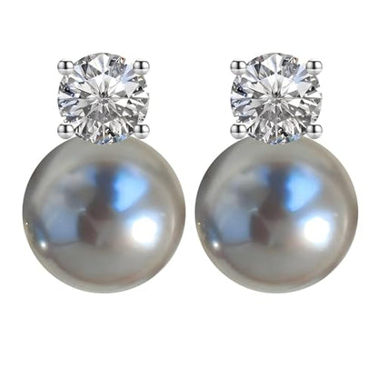 Faux Pearl Cubic Zirconia Stud Earrings, Hypoallergenic Lightweight Round Pearl Studs for Women - color: Blueish Silver, size: Pearl 10mm-CZ 6mm