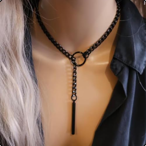 Heart O Ring Slip Chain Necklaces for Women and Men Stainless Steel Long Cuban Chain Bar Necklace Punk Rock Collar Necklaces Handmade Adjustable Lariat Y Necklace - color: Black Bar