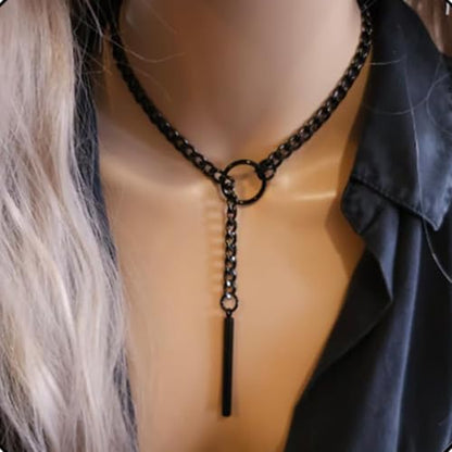 Heart O Ring Slip Chain Necklaces for Women and Men Stainless Steel Long Cuban Chain Bar Necklace Punk Rock Collar Necklaces Handmade Adjustable Lariat Y Necklace - color: Black Bar