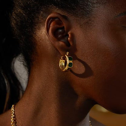 FRUMOS 18K Gold Plated Chunky Hoop Earrings for Women Fashion Thick Gold Hoops Set Jewelry for Birthday Christmas Gifts - color: Green CZ-2 Hoop