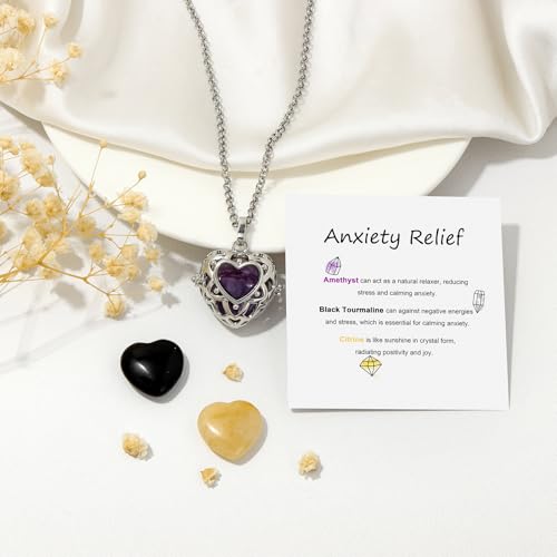 Raicegs Heart Shaped Crystals and Healing Stones 7 Chakra Crystal Necklace 0.8 inch Heart Gemstones Natural Stones Necklaces for Women Spiritual Gift for Women Teen - style: Anxiety