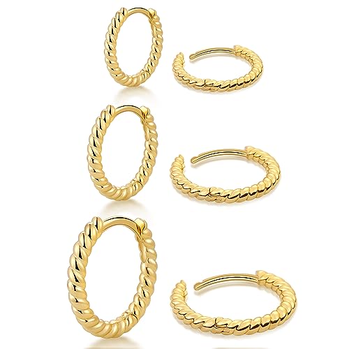micuco 3 Pairs Small Gold Hoop Huggie Earrings Set for Women Men Tendy | 14K Gold Plated Small Huggie Hoop Earrings for Men, Tiny Cartilage Hypoallergenic Earring Set - style: E# Twisted Gold 8-10-12mm