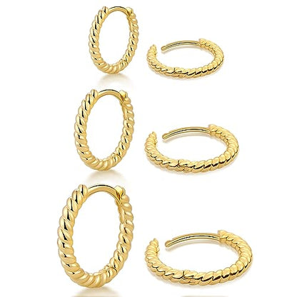 micuco 3 Pairs Small Gold Hoop Huggie Earrings Set for Women Men Tendy | 14K Gold Plated Small Huggie Hoop Earrings for Men, Tiny Cartilage Hypoallergenic Earring Set - style: E# Twisted Gold 8-10-12mm