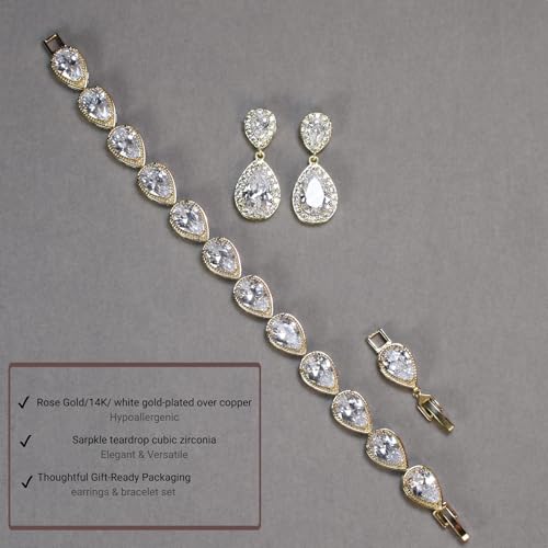 Bride Teardrop Earrings & Bracelet Wedding Jewelry Set, Cubic Zirconia Bridal Bridesmaid Party Formal Prom Gift - color: Gold